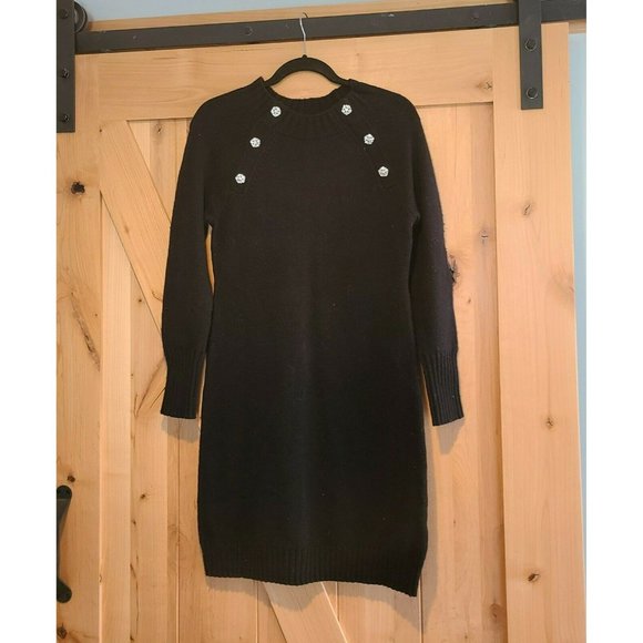 J CREW Wool Blend Black Sweater Dress Sz XSmall Rhinestone Button Detail - Picture 1 of 10